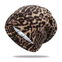 OLESILK Seide & Baumwolle Jersey Mütze leichte und weiche Slouch Beanie Wendemütze Strickmütze Unisex verstellbar für Damen & Herren, Leopard 03 von OLESILK