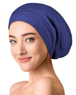 OLESILK Seide & Baumwolle Slouch Beanie Mütze Schlafhaube Seide Chemo Kopfbedeckung dünne leichte und weiche Laufmütze Strickmütze Unisex Jersey Sommermütze verstellbar für Damen & Herren, Capriblau von OLESILK