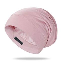 OLESILK Seide & Baumwolle Slouch Beanie Mütze Schlafhaube Seide Chemo Kopfbedeckung dünne leichte und weiche Laufmütze Strickmütze Unisex Jersey Sommermütze verstellbar für Damen & Herren, Rosa von OLESILK