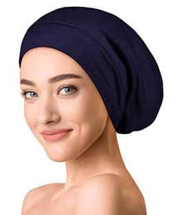 OLESILK Seide & Baumwolle Slouch Beanie Mütze Schlafhaube Seide Chemo Kopfbedeckung dünne leichte weiche Laufmütze Strickmütze Unisex Jersey Sommermütze verstellbar für Damen & Herren, Marineblau von OLESILK