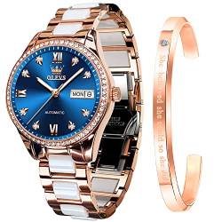 OLEVS Armbanduhr für Damen, automatisch, selbstaufziehend, mechanische Damen-Armbanduhr, großes Zifferblatt, zweifarbiges Edelstahl, Keramikarmband, Herz, Diamant, modisch, wasserdicht, Blau-6637 von OLEVS