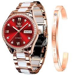 OLEVS Armbanduhr für Damen, automatisch, selbstaufziehend, mechanische Damen-Armbanduhr, großes Zifferblatt, zweifarbiges Edelstahl, Keramikarmband, Herz, Diamant, modisch, wasserdicht, Rot-6637 von OLEVS