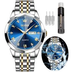 OLEVS Armbanduhr für Herren, Diamant, Business-Kleid, analog, Quarz, Edelstahl, wasserdicht, leuchtendes Datum, zweifarbig, luxuriös, blaue Armbanduhr für Herren, Blaue Armbanduhr für Herren von OLEVS