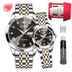 OLEVS Armbanduhr für Paare, Quarz, beleuchtet, Kalender, Datum, Fenster, 3 atm, wasserdicht, lässig, Edelstahl, für Männer und Frauen, Paare, Hochzeit, romantisch, 9931-Gold Black Dial-Dial-Style, von OLEVS