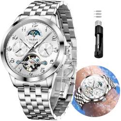 OLEVS Automatikuhr für Herren, Tourbillon, selbstaufziehend, Mondphase, Skelett-Uhren, luxuriöses Kleid, Edelstahlband, Diamant-Herren-Armbanduhr, Silberfarben, Business Casual von OLEVS