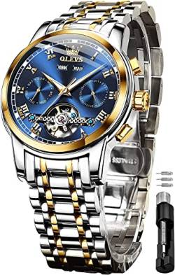 OLEVS Automatische Armbanduhr für Herren, selbstaufziehend, mechanisch, wasserdicht, Edelstahlarmband, klassische Tourbillon-Armbanduhr, Weißes Armband und blaues Zifferblatt, Armband, T-N-G6607G-JL von OLEVS