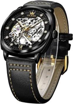 OLEVS Automatische Herren-Armbanduhr, Designer-Skelett, selbstaufziehend, mechanisch, luxuriös, stilvolles Lederband, leuchtend, wasserfest, Armbanduhr, Schwarz , Riemen von OLEVS