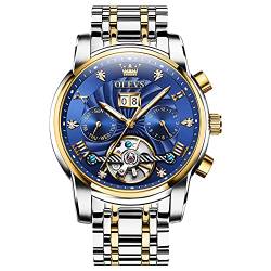 OLEVS Automatische Herren-Armbanduhr, Tourbillon, selbstaufziehend, Mechaniker, Luxus, Business, Edelstahl, leuchtend, wasserdicht, Zweifarbiges Armband und blaues Zifferblatt, 🔸 von OLEVS