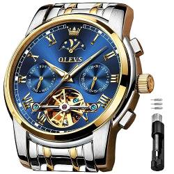OLEVS Automatische Herren-Armbanduhr, mechanisch, Skelett-Design, Luxus, Edelstahl, wasserdicht, leuchtende Armbanduhr Blaues Zifferblatt und goldfarbenes Silberarmband. von OLEVS