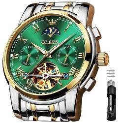 OLEVS Automatische Herren-Armbanduhr, mechanisch, Skelett-Design, Luxus, Edelstahl, wasserdicht, leuchtende Armbanduhr Grünes Zifferblatt und goldenes Silberarmband. von OLEVS