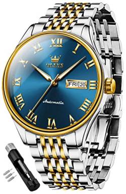 OLEVS Automatische Herren-Armbanduhr, selbstaufziehend, mechanisch, Business-Luxus-Armbanduhr, Edelstahl, wasserdicht, leuchtend, 9929: zweifarbiges Band und blaues Zifferblatt, Automatische Uhr von OLEVS