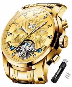 OLEVS Automatische mechanische Herren-Armbanduhr, Skelett, Tourbillon, selbstaufziehend, luxuriös, Edelstahl, wasserdicht, leuchtende Mondphase, gold von OLEVS