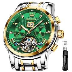 OLEVS Automatische mechanische Herren-Armbanduhr, luxuriöse Dress-Watch, wasserdicht, selbstaufziehend, Mondphase-Chronograph, Edelstahl, leuchtend, Datum, Tourbillon Armbanduhr für Herren, Gold und Grün von OLEVS