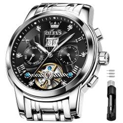 OLEVS Automatische mechanische Skelett-Armbanduhr für Herren, luxuriöses Kleid, blaues Zifferblatt, wasserdicht, selbstaufziehend, Mondphase, Edelstahl, leuchtende Tourbillon-Armbanduhren für Männer, von OLEVS