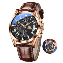 OLEVS Blau Gesicht Herren Uhr Braun Lederarmband Analog Kleid Herren Chronograph Armbanduhr Großes Handgelenk Uhr Herren mit Datum Roségold Multi Uhren für Männer Arabische Ziffern Leicht zu Lesen von OLEVS