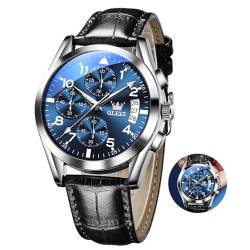 OLEVS Blau Uhr für Herren Großes Gesicht Mode Multi Chronograph Herren Armbanduhr Analog Kleid Leuchtend Schwarz Lederarmband Herrenuhren Silber Fall Runden Quarz Kalender Uhren Herren Wasserdicht von OLEVS