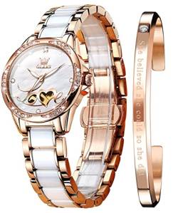 OLEVS Damen-Armbanduhr, automatisch, mechanisch, selbstaufziehend, Roségold, zweifarbiges Keramikband, Diamant, Liebesherz, Zifferblatt, modisch, elegant, Liebeszifferblatt, Mechanisch von OLEVS