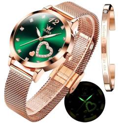 OLEVS Damen-Armbanduhr, luxuriös, rotgold, schmal, dünn, leicht, Edelstahl, Netz-Uhren, modisch, wasserdicht, verstellbares Armband, Gw-g5189-green Oberfläche, Klassisch, minimalistisch von OLEVS