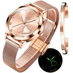 OLEVS Damen-Armbanduhr, luxuriös, rotgold, schmal, dünn, leicht, Edelstahl, Netz-Uhren, modisch, wasserdicht, verstellbares Armband, Gw-g5189-pink Oberfläche, Klassisch, minimalistisch von OLEVS