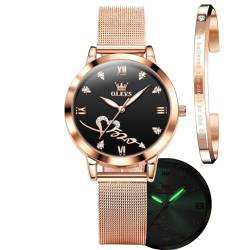 OLEVS Damen-Armbanduhr, luxuriös, rotgold, schmal, dünn, leicht, Edelstahl, Netz-Uhren, modisch, wasserdicht, verstellbares Armband, Gw-g5530-black Oberfläche, Minimalistisch, luxuriös von OLEVS