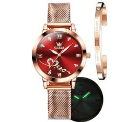 OLEVS Damen-Armbanduhr, luxuriös, rotgold, schmal, dünn, leicht, Edelstahl, Netz-Uhren, modisch, wasserdicht, verstellbares Armband, Gw-g5530-red Oberfläche, Minimalistisch, luxuriös von OLEVS