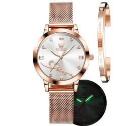 OLEVS Damen-Armbanduhr, luxuriös, rotgold, schmal, dünn, leicht, Edelstahl, Netz-Uhren, modisch, wasserdicht, verstellbares Armband, Gw-g5530-white Oberfläche, Minimalistisch, luxuriös von OLEVS