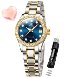 OLEVS Damen Automatikuhr Diamant Mode Luxus Kleid Mechanische Selbstaufzug Edelstahl Damen Armbanduhr für Frauen Leuchtend Wasserdicht, 7003-Blau, uhren für damen von OLEVS