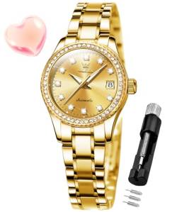 OLEVS Damen Automatikuhr Diamant Mode Luxus Kleid Mechanische Selbstaufzug Edelstahl Damen Armbanduhr für Frauen Leuchtend Wasserdicht, 7003-Gold, uhren für damen von OLEVS