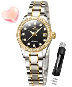 OLEVS Damen Automatikuhr Diamant Mode Luxus Kleid Mechanische Selbstaufzug Edelstahl Damen Armbanduhr für Frauen Leuchtend Wasserdicht, 7003-Schwarz, uhren für damen von OLEVS