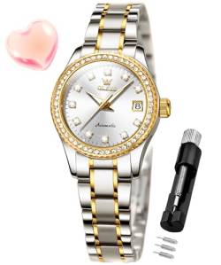 OLEVS Damen Automatikuhr Diamant Mode Luxus Kleid Mechanische Selbstaufzug Edelstahl Damen Armbanduhr für Frauen Leuchtend Wasserdicht, 7003-Weiß, uhren für damen von OLEVS