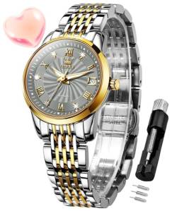 OLEVS Damen Automatikuhr Diamant Mode Luxus Kleid Mechanische Selbstaufzug Edelstahl Damen Armbanduhr für Frauen Leuchtend Wasserdicht, Zweifarbiges graues Gesicht, uhren für damen von OLEVS