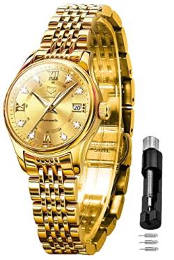 OLEVS Damen Automatikuhr Luxus Diamant Selbstaufzug Kleid Armbanduhr Mondphase Edelstahl Wasserdicht Leuchtend Blau Zifferblatt …, Gold-L8939, Damen Kleid Uhr von OLEVS