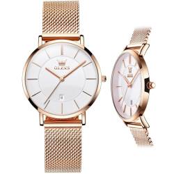 OLEVS Damen Roségold Runden Armbanduhr Analog Edelstahl Kleid Frauen Uhr für Damen Weiß Gesicht Mesh Armband Damen Uhr Minimalistisch Stilvolle Kleines Handgelenk Damenuhr mit Kalender Wasserdicht von OLEVS