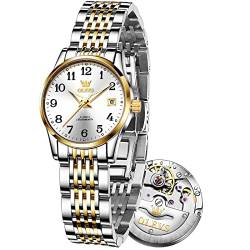 OLEVS Damen Selbstaufziehende Uhren mit Edelstahlband, Luxus Kleine Armbanduhr für Damen, Silberfarben / goldfarben, Round von OLEVS