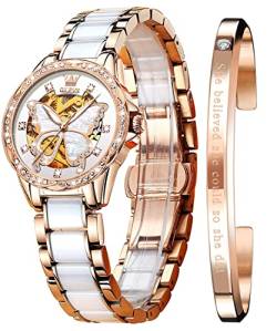 OLEVS DamenArmbanduhr, automatisch, mechanisch, selbstaufziehend, Roségold, zweifarbiges Keramikband, Diamant, Liebesherz, Zifferblatt, modisch, elegant, DamenArmbanduhr, wasserdicht, leuchtend, von OLEVS