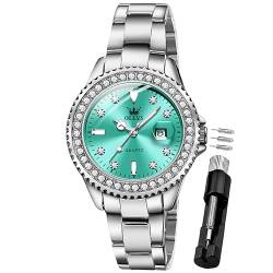 OLEVS Damenuhr Diamant Analoge Armbanduhr mit Kleines Azurblau Gesicht Silber Edelstahlband wasserdichte Frauen Uhr Geschenk Sale Marken von OLEVS