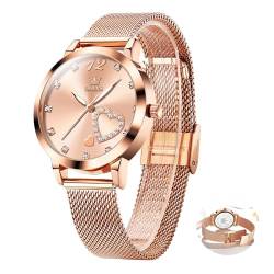 OLEVS Damenuhr Roségold Analog Diamant Herzform Kleid Damen Uhren Mesh Armband Eleagnt Rosa Gesicht Armbanduhren für Damen Leuchtend Mode Wasserdicht Damenuhren Quarz Ultra Thin Leicht zu Lesen von OLEVS