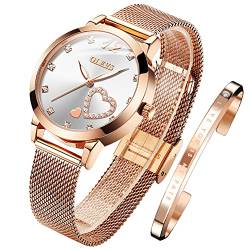 OLEVS Damenuhr Roségold mit Herz Diamant Weiße Gesicht Quarz Armbanduhr Wasserdicht Gürtel Armreif Set von OLEVS