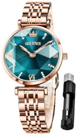 OLEVS Damenuhren Analog Quarz Armbanduhren mit Diamant Grün Kleines Gesicht Gold Edelstahlband wasserdichte Uhr von OLEVS