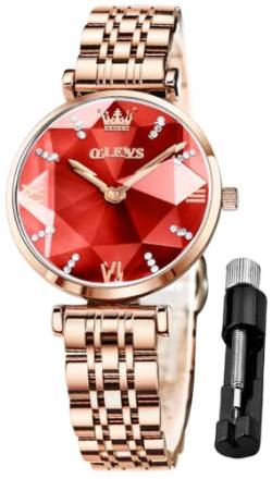 OLEVS Damenuhren Analog Quarz Armbanduhren mit Diamant Rot Kleines Gesicht Gold Edelstahlband wasserdichte Uhr von OLEVS
