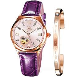 OLEVS Damenuhren Automatische mechanische Damenuhr Lederband Selbstaufziehend Damen Armbanduhr Diamant Herz Zifferblatt Wasserdicht Leuchtende Rot Weibliche Uhr, violett von OLEVS