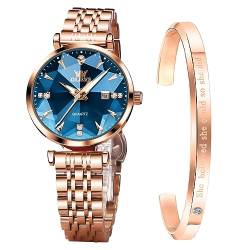 OLEVS Damenuhren Kleid Diamant Mode Luxus Damen Armbanduhren Elegant Kalender Wasserdicht Leuchtend Analog Quarzuhr, blau von OLEVS