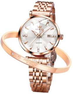 OLEVS Damenuhren Roségold Diamant Kleines Gesicht Edelstahlarmband Analoge Quarz Armbanduhren mit Kalender Leuchtend Wasserdicht Armreif Geschenke Set von OLEVS