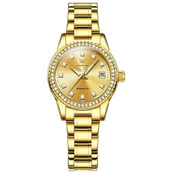 OLEVS Frauen Automatische Uhr Diamant Mechanische Selbstaufzug Mode Elegante Kleid Armbanduhr Leuchtend Wasserdicht Edelstahl Datum, 7003: Goldband und goldenes Zifferblatt, Diamant Uhr von OLEVS