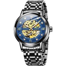 OLEVS Gold Skelett Herren Automatische Mechanische Uhren Selbstaufzug Luxus Kleid Glänzend Diamant Stainess Stahl Wasserdicht Leuchtende Armbanduhren, schwarz blau, Modern von OLEVS