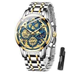 OLEVS Herren Armbanduhr Skelett Edelstahl Luxus Quarz Chronograph Wasserdicht Mode Leuchtende Uhren für Männer, Gold und Blau, Armband von OLEVS