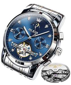 OLEVS Herren Automatik Uhren Skelett Tourbillon Selbstaufzug Diamant Luxus Kleid Armbanduhr Edelstahl Wasserdicht Leuchtend Mond Phase Tag Datum, 6678: Silbernes Band und blaues Zifferblatt, von OLEVS