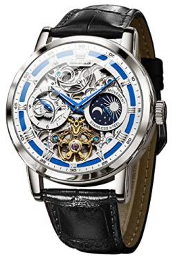 OLEVS Herren-Automatikuhr, Skelett, Tourbillon, selbstaufziehend, mechanisch, echtes Lederband, luxuriöse Armbanduhr, Sonne, Mond, leuchtend, wasserdicht, Schwarzes Armband und blaues Zifferblatt von OLEVS