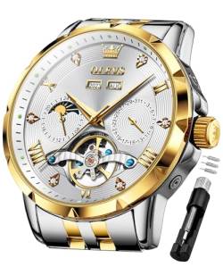 OLEVS Herren Automatikuhr Skelett Mechanisch Klassisch Luxus Business Diamant Edelstahl Wasserdicht Leuchtend Datum Kalender Armbanduhr für Herren, Weiss/opulenter Garten, Uhren für Herren von OLEVS