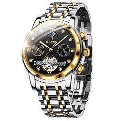 OLEVS Herren Automatikuhr Skelett Mond Phase Zifferblatt Luxus Kleid Edelstahlband 5 Zeiger Diamant Männer Armbanduhren, Goldfarben / Schwarz, Automatische Uhr, mechanisch von OLEVS